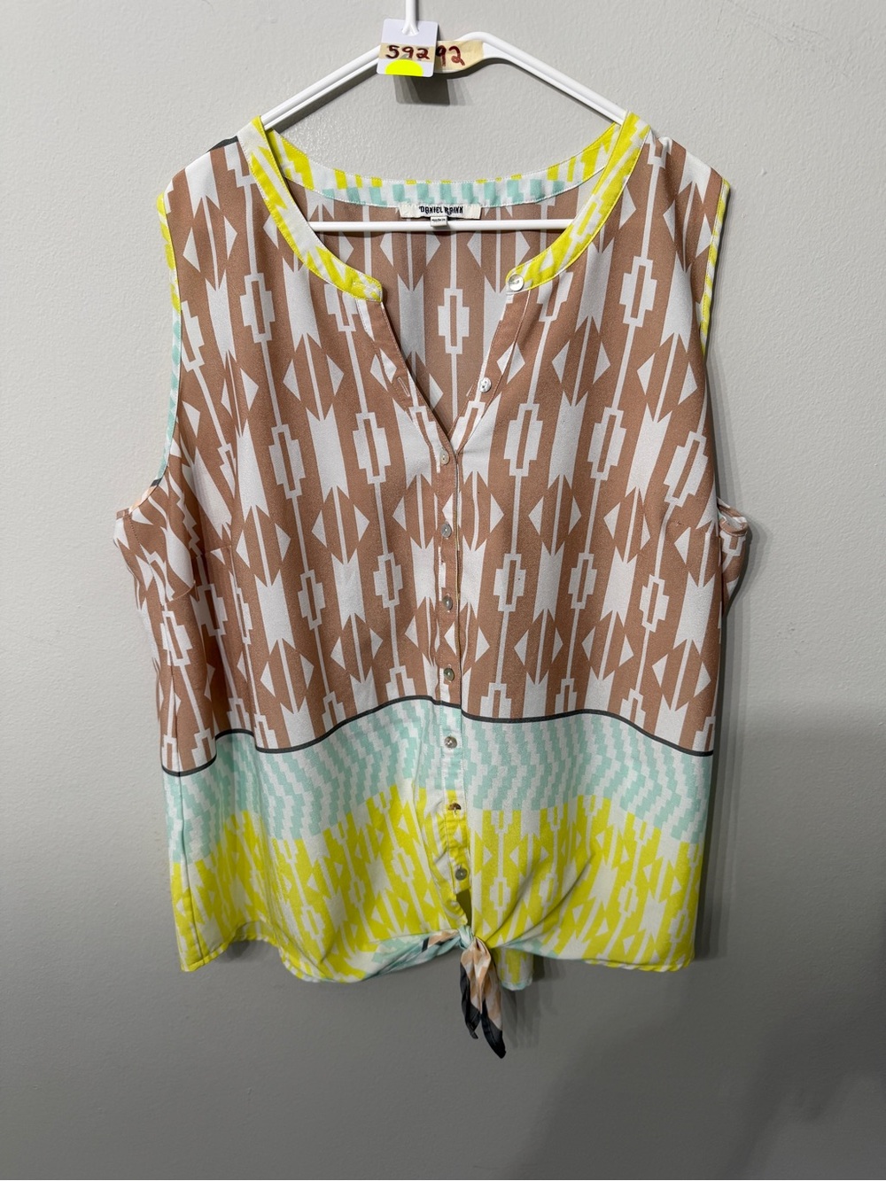 Daniel Rainn Geometric Tie-Hem Sleeveless Blouse in Brown, Mint & Yellow
